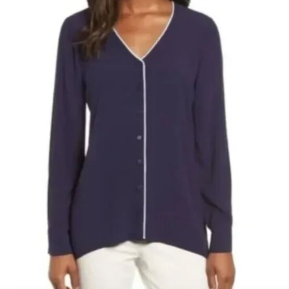 Eileen Fisher Piped Silk Crepe button front blouse Pajama style Long Sleeve Sz L